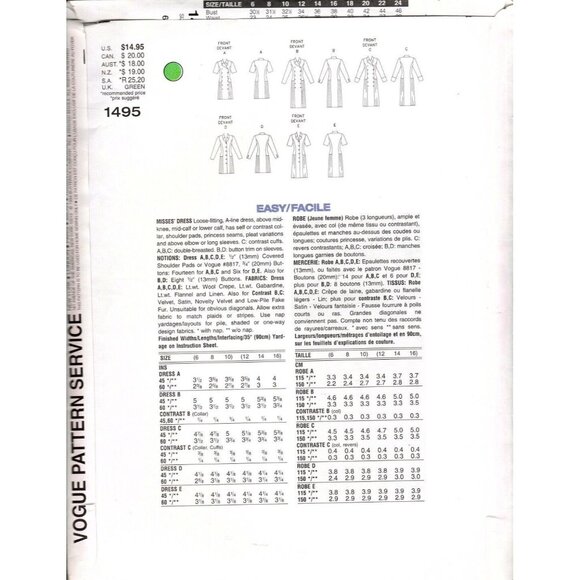 Vogue 1495 Misses 6 to 10 Loose Fitting Dress Vintage Uncut Sewing Pattern - Picture 2 of 2